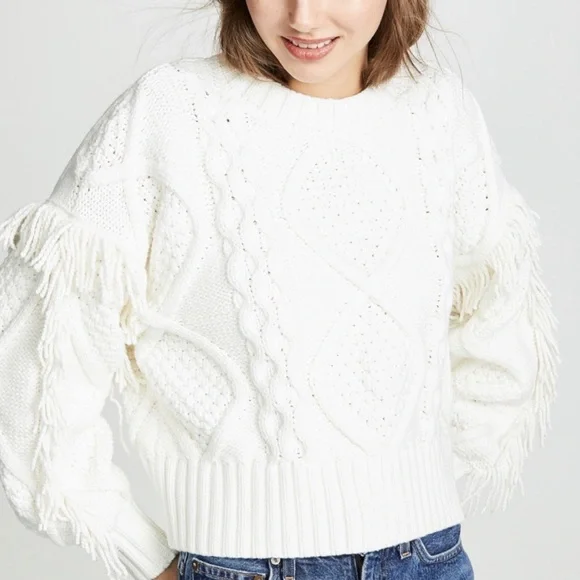 Revolve Line & Dot White Chunky Cable Knit Sweater Fringe Round Neck Sz XS or S - Picture 8 of 9